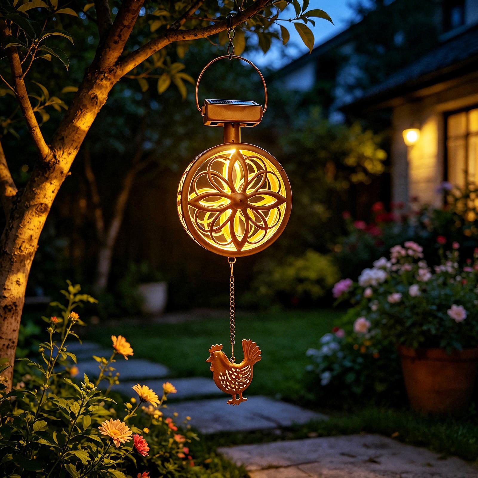 Outdoor Lighting Pendant - โคมไฟแขวนโซลาร์เซลล์กลางแจ้ง รูปทรงดอกไม้ พร้อมกระดิ่งลม ทำจากเหล็ก กันน้ำ ตกแต่งสร้างบรรยากาศ