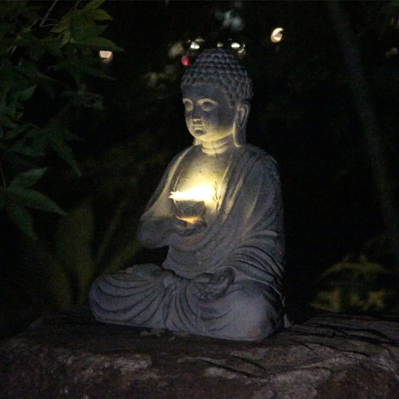 Outdoor Zen Lighting - รูปปั้นพระพุทธรูปเรซิ่น พร้อมไฟ LED พลังงานแสงอาทิตย์ ตกแต่งสวนสไตล์เซน เอเชีย