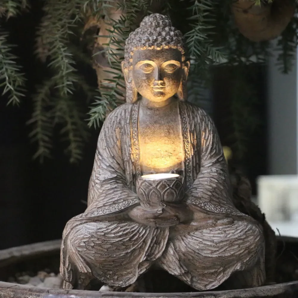 Outdoor Zen Lighting - โคมไฟพระพุทธรูปพลังงานแสงอาทิตย์สำหรับตกแต่งสวน ลานบ้าน สไตล์เซน เปิด-ปิดอัตโนมัติในเวลากลางคืน เหมาะสำหรับทางเดินและไฟตกแต่งภูมิทัศน์