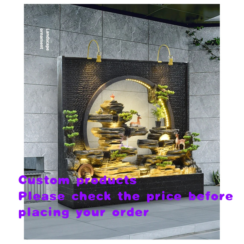 Outdoor Zen Lighting - น้ำพุติดผนังในร่มและกลางแจ้งพร้อมไฟ LED รูปทรงประตูพระจันทร์ ตกแต่งสวนหย่อม ทำจากเรซิ่นไฟเบอร์กลาส พร้อมปั๊มพ่นหมอก