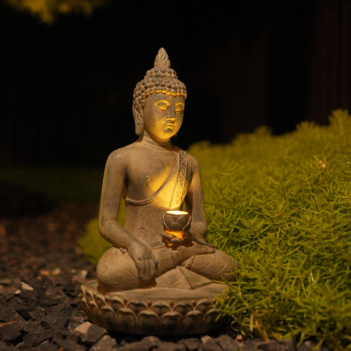Outdoor Zen Lighting - พระพุทธรูปพลังงานแสงอาทิตย์พร้อมไฟ แรงบันดาลใจจากเซน - ของตกแต่งสวนและทางเข้าทำจากเรซิ่น ของประดับตกแต่งภายนอก