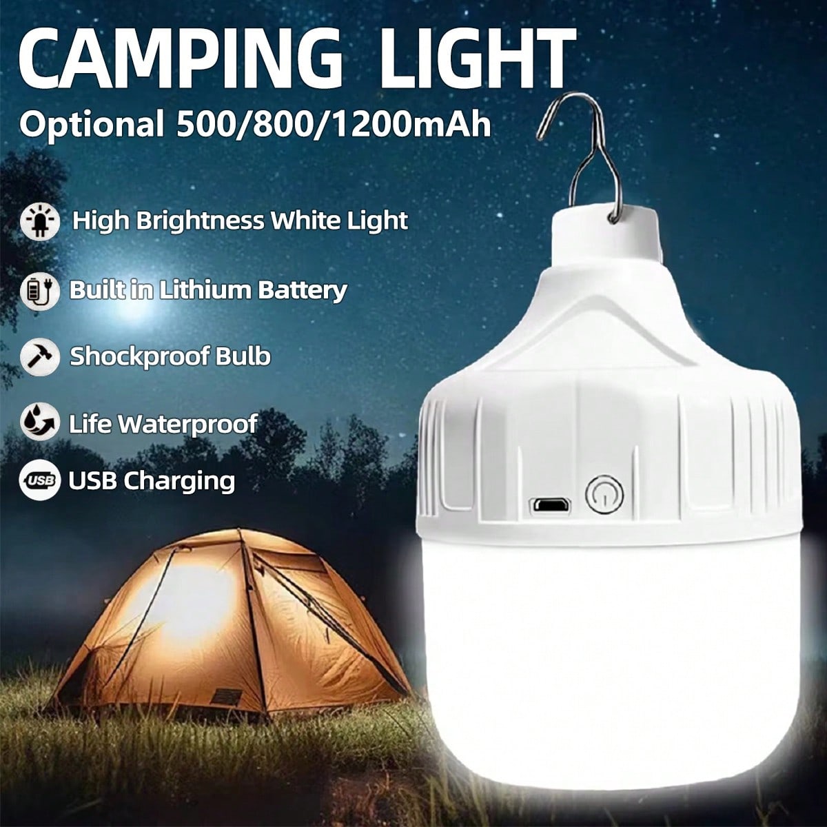 Outdoor Lighting Hooks - ไฟตั้งแคมป์พกพาแบบชาร์จไฟได้ผ่าน USB หลอดไฟ LED สำหรับฉุกเฉิน พร้อมตะขอ