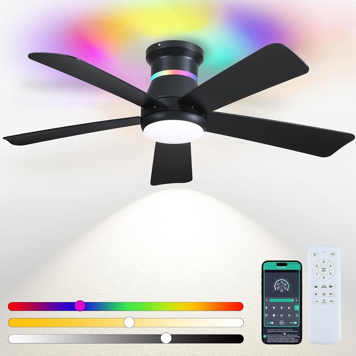 Outdoor Lighting Lowes - พัดลมเพดานสีดำขนาด 46 นิ้ว พร้อมไฟ RGB -