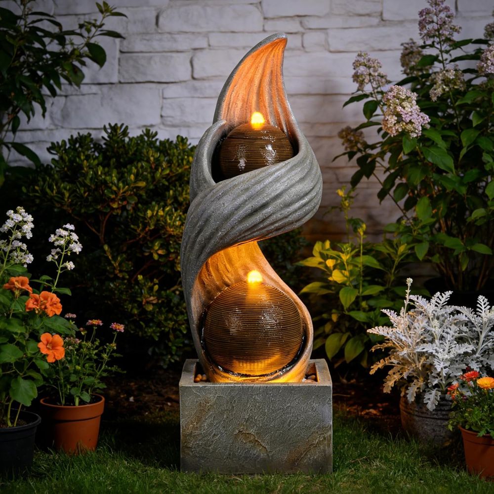Outdoor Zen Lighting - น้ำพุกลางแจ้งขนาดใหญ่ 42.9 นิ้ว น้ำพุวนวนกลางแจ้งพร้อมลูกบอลคู่ น้ำพุเซนพร้อมไฟ