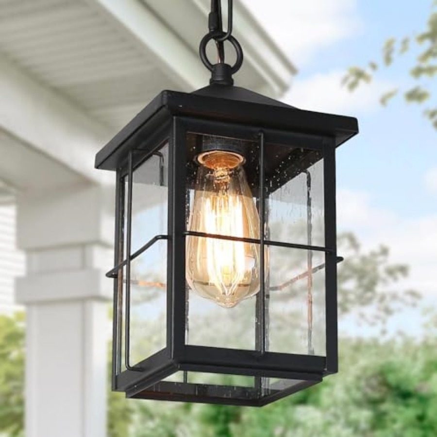 Outdoor Lighting Pendant - โคมไฟแขวนกลางแจ้ง, โคมไฟเพดานสไตล์ฟาร์มเฮาส์สีดำกันสนิมพร้อมกระจกฝ้า, โคมไฟแขวนทรงสี่เหลี่ยมสำหรับภายนอก
