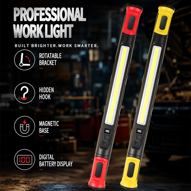 Outdoor Lighting Hooks - ไฟทำงานแม่เหล็กแบบ COB แบบชาร์จไฟได้ พร้อมคลิปหนีบและฐานแม่เหล็กหมุนได้ สำหรับซ่อมรถยนต์กลางแจ้งและกรณีฉุกเฉิน