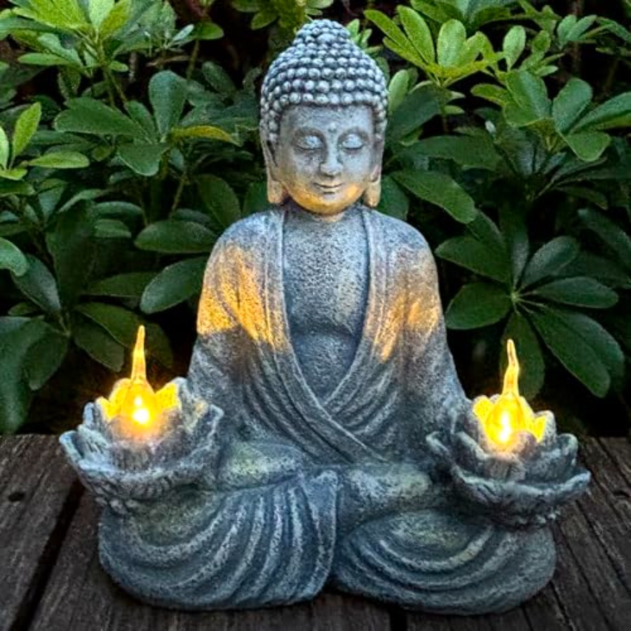 Outdoor Zen Lighting - พระพุทธรูปสำหรับตกแต่งบ้านและนอกบ้าน ไฟ LED กระพริบพลังงานแสงอาทิตย์ ไฟสวน ตกแต่งห้องสมาธิเซน