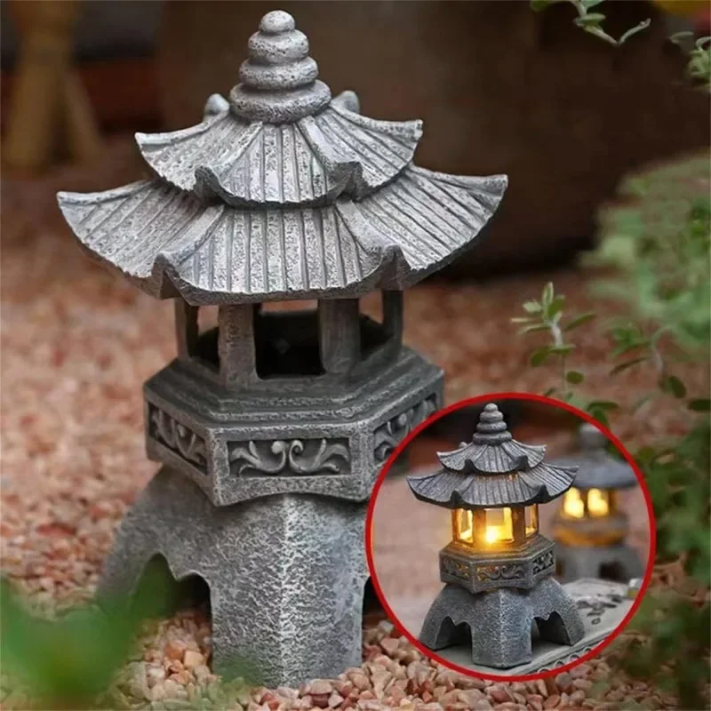Outdoor Zen Lighting - โคมไฟเจดีย์ญี่ปุ่นพลังงานแสงอาทิตย์ กันน้ำ สำหรับตกแต่งสวนกลางแจ้ง สไตล์เซน พร้อมระบบส่องสว่างอัตโนมัติ สำหรับตกแต่งทางเดินในสวน